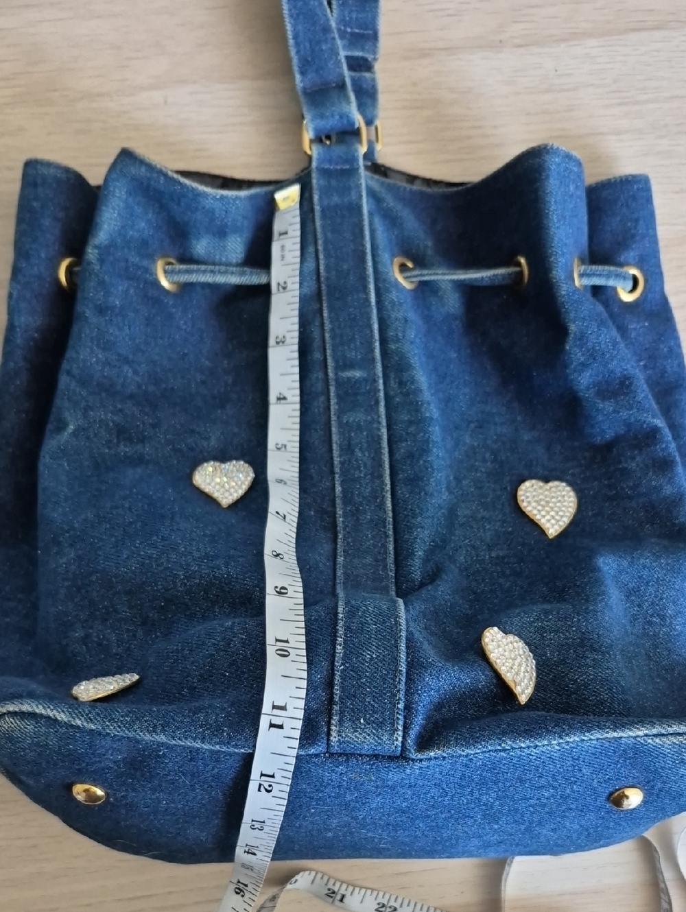 Sepcoeur Paris Denim Bucket Drawstring Bucket Bag with Heart Studs - Blue - Picture 15 of 15